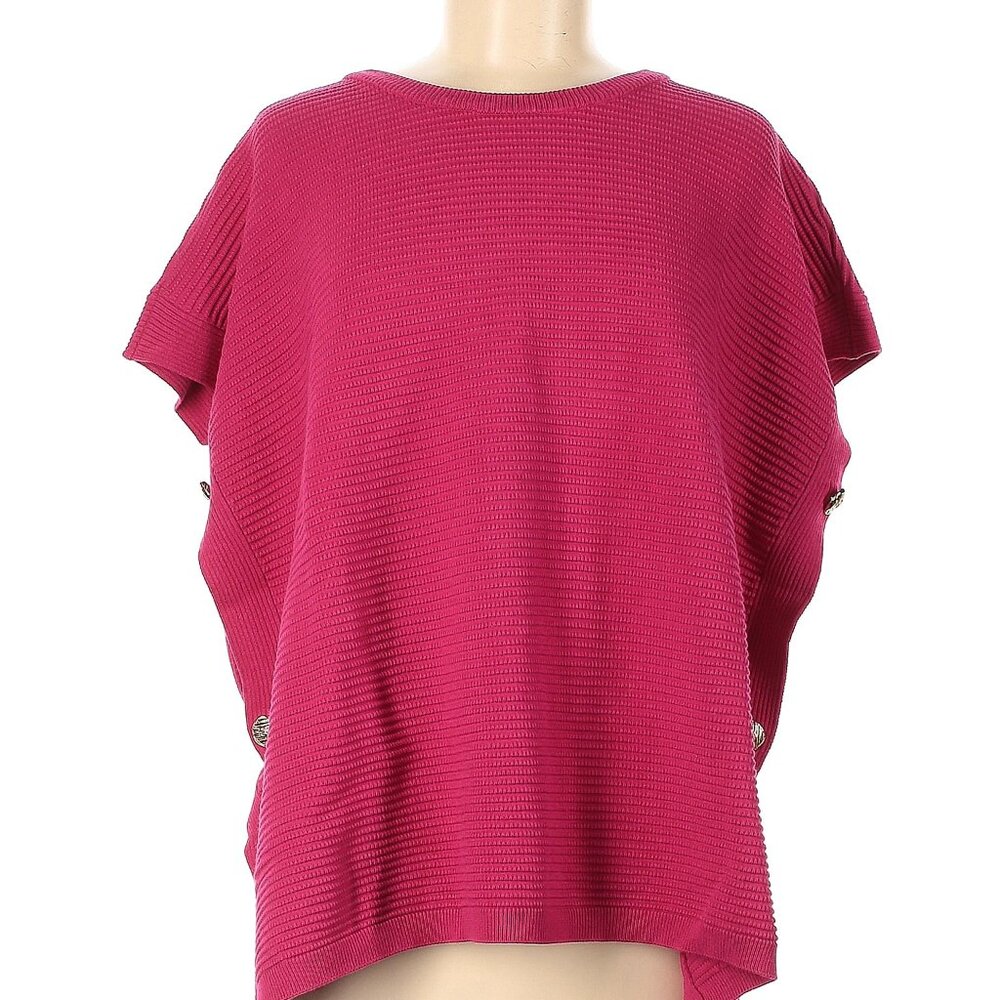 MING WANG Hot Pink Rayon/Blend Gold Button Poncho Sweater Knit Top Size L